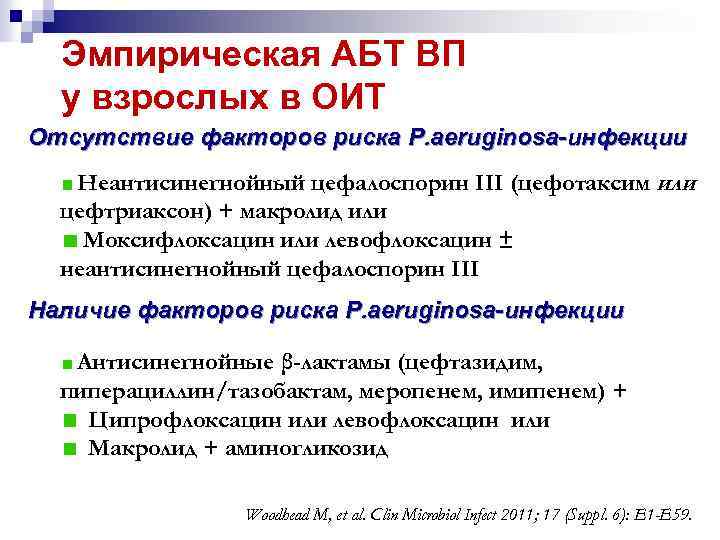 Эмпирическая АБТ ВП у взрослых в ОИТ Отсутствие факторов риска P. aeruginosa-инфекции Неантисинегнойный цефалоспорин