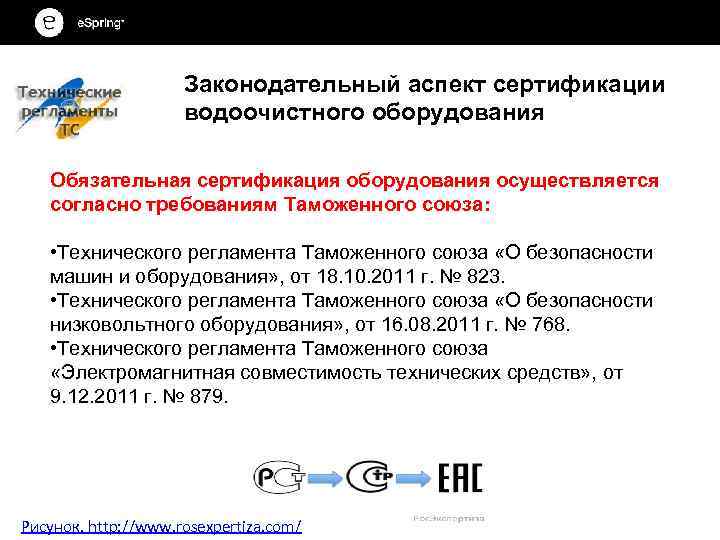 Законодательный аспект сертификации водоочистного оборудования Обязательная сертификация оборудования осуществляется согласно требованиям Таможенного союза: •