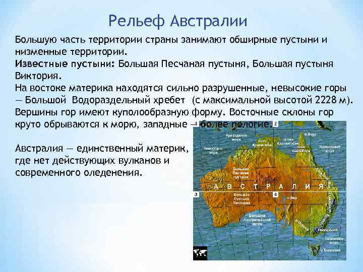 Рельеф Австралии Большую часть территории страны занимают обширные пустыни и низменные территории. Известные пустыни:
