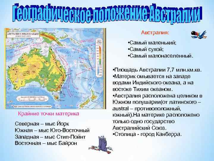 Австралия: • Самый маленький; • Самый сухой; • Самый малонаселенный. Крайние точки материка Северная
