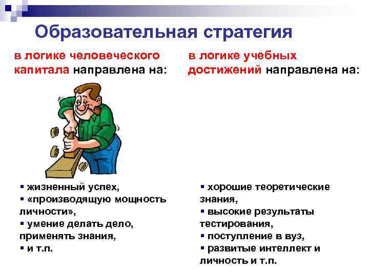 Образовательная стратегия в логике человеческого капитала направлена на: § жизненный успех, § «производящую мощность
