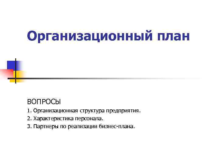 Организационный план ВОПРОСЫ 1. Организационная структура предприятия. 2. Характеристика персонала. 3. Партнеры по реализации