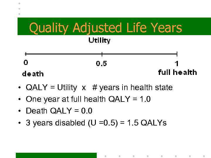 Quality Adjusted Life Years • • QALY = Utility x # years in health