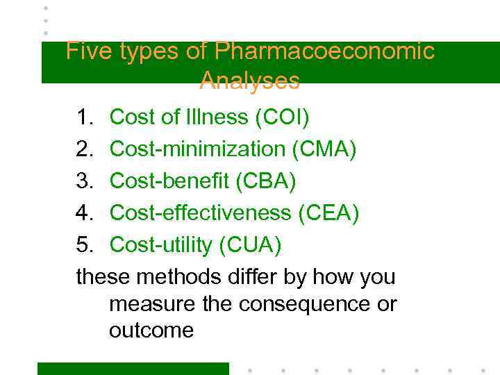 Five types of Pharmacoeconomic Analyses 1. Cost of Illness (COI) 2. Cost-minimization (CMA) 3.