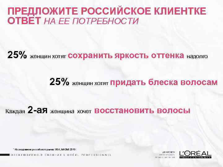 ПРЕДЛОЖИТЕ РОССИЙСКОЕ КЛИЕНТКЕ ОТВЕТ НА ЕЕ ПОТРЕБНОСТИ 25% женщин хотят сохранить яркость оттенка надолго