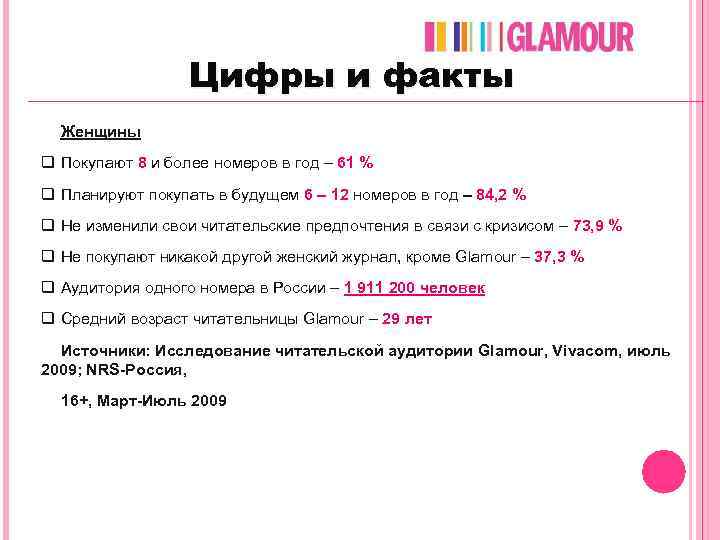 Цифры и факты Женщины q Покупают 8 и более номеров в год – 61