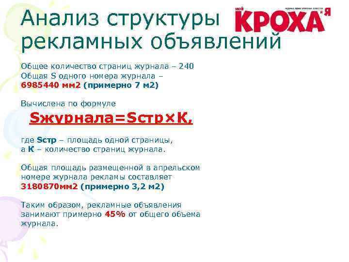 Анализ структуры рекламных объявлений Общее количество страниц журнала – 240 Общая S одного номера