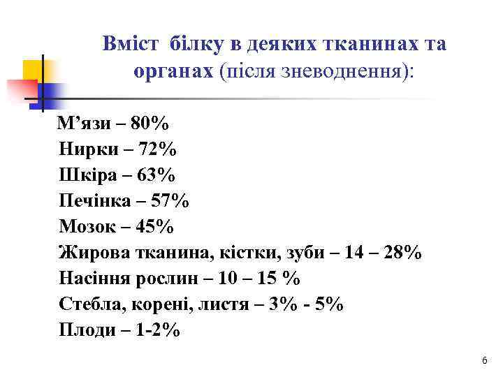 Вміст білку в деяких тканинах та органах (після зневоднення): М’язи – 80% Нирки –