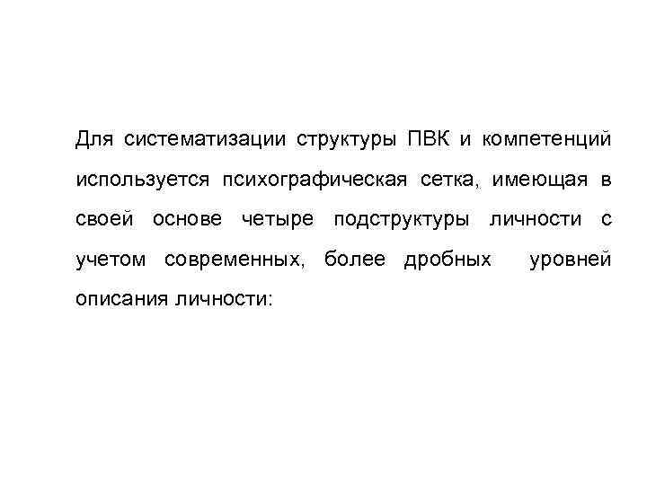 Для систематизации структуры ПВК и компетенций используется психографическая сетка, имеющая в своей основе четыре
