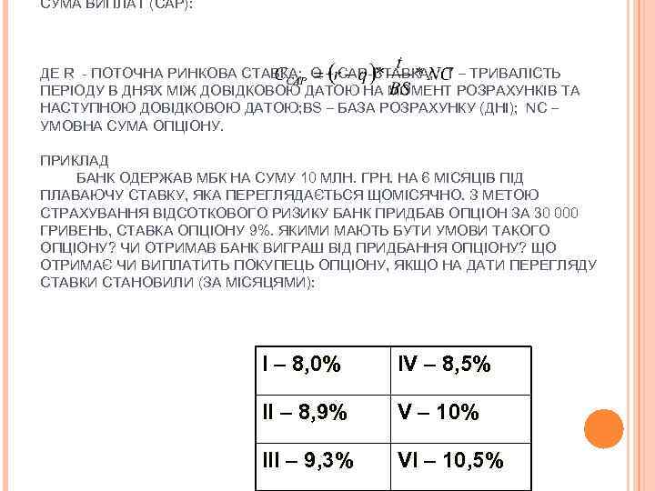 СУМА ВИПЛАТ (САР): ДЕ R - ПОТОЧНА РИНКОВА СТАВКА; Q – CAP-СТАВКА; T –