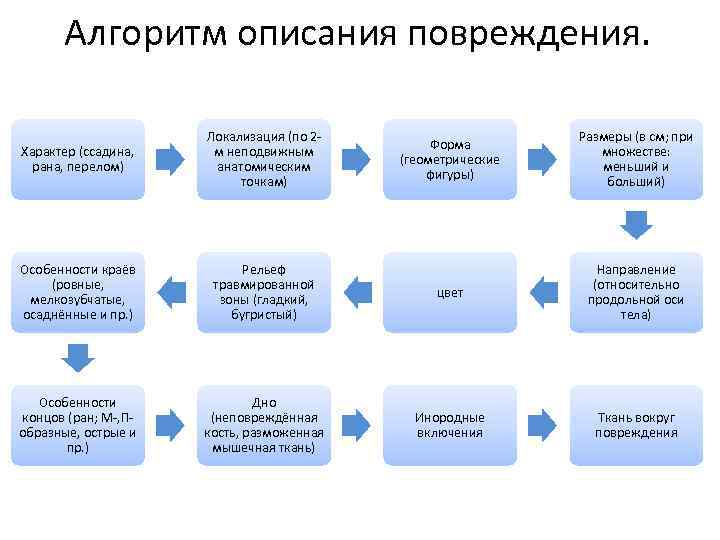 Описание ран. Алгоритм определения характера травмы. Алгоритм описания повреждений. Алгоритм описания травм. Алгоритм описания телесных повреждений.