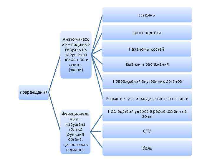 ссадины кровоподтёки Анатомическ ие – видимые визуально, нарушения целостности органа (ткани) Переломы костей Вывихи
