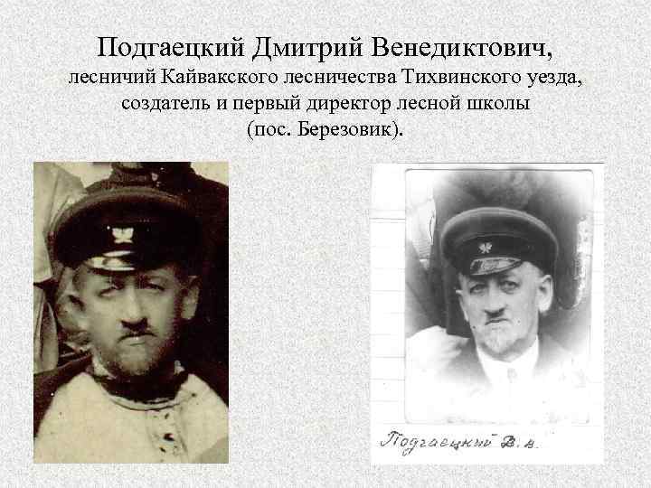 Подгаецкий Дмитрий Венедиктович, лесничий Кайвакского лесничества Тихвинского уезда, создатель и первый директор лесной школы