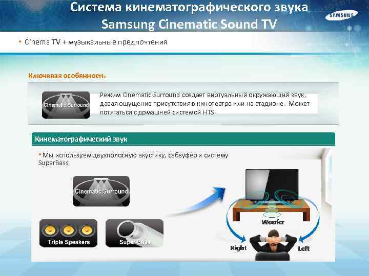 Система кинематографического звука Samsung Cinematic Sound TV • Cinema TV + музыкальные предпочтения Ключевая