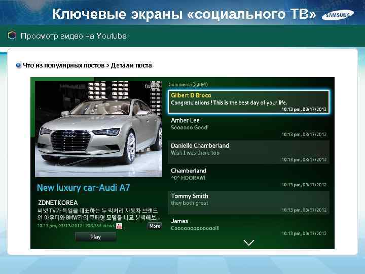 Ключевые экраны «социального ТВ» Просмотр видео на Youtube Что из популярных постов > Детали