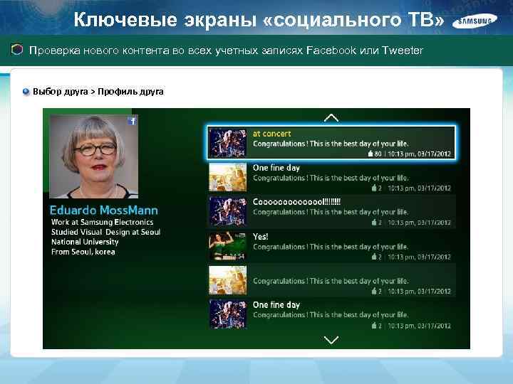 Ключевые экраны «социального ТВ» Проверка нового контента во всех учетных записях Facebook или Tweeter