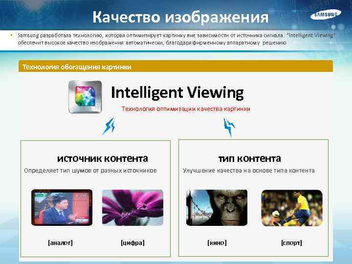 Качество изображения • Samsung разработала технологию, которая оптимизирует картинку вне зависимости от источника сигнала.