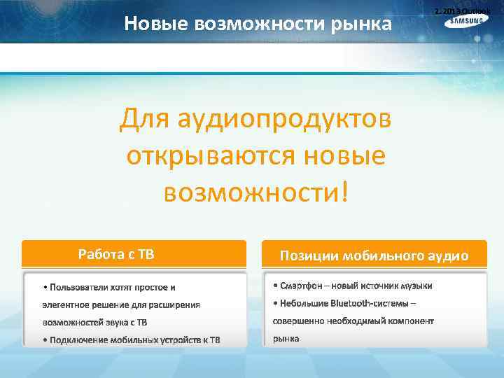 Новые возможности рынка 2. 2013 Outlook Для аудиопродуктов открываются новые возможности! Работа с ТВ