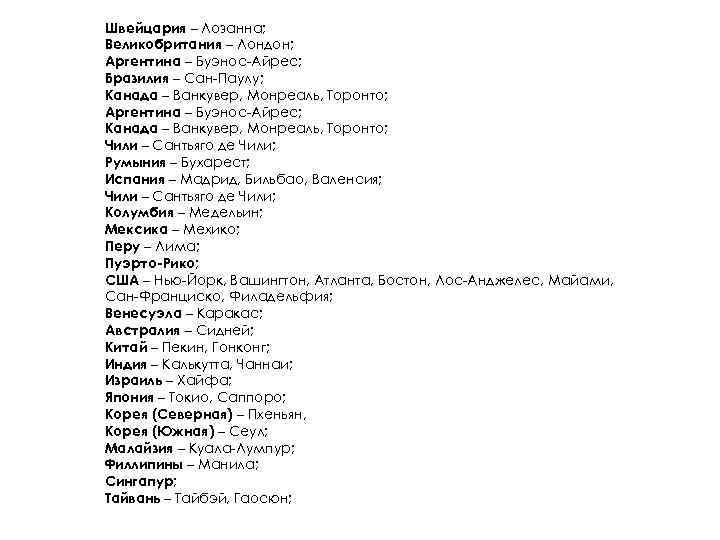 Швейцария – Лозанна; Великобритания – Лондон; Аргентина – Буэнос-Айрес; Бразилия – Сан-Паулу; Канада –