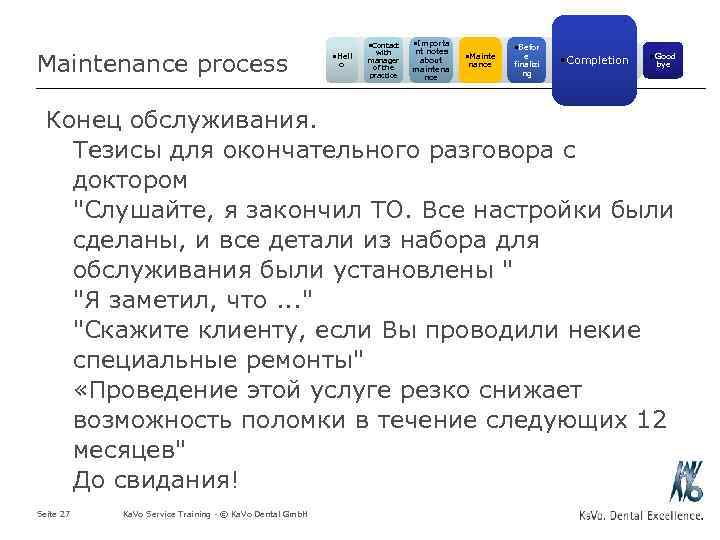 Maintenance process • Contact • Hell o with manager of the practice • Importa