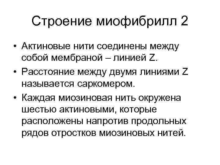 Строение миофибрилл 2 • Актиновые нити соединены между собой мембраной – линией Z. •