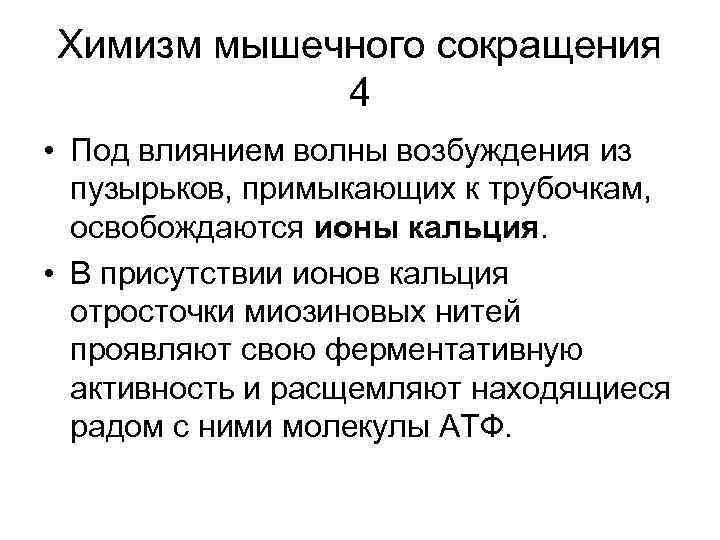 Химизм мышечного сокращения 4 • Под влиянием волны возбуждения из пузырьков, примыкающих к трубочкам,