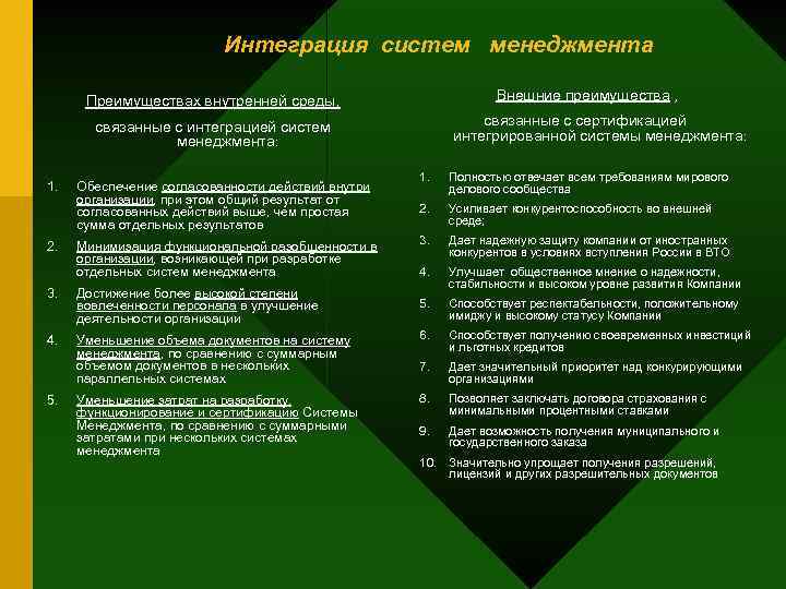 Интеграция систем менеджмента Внешние преимущества , Преимуществах внутренней среды, связанные с сертификацией интегрированной системы
