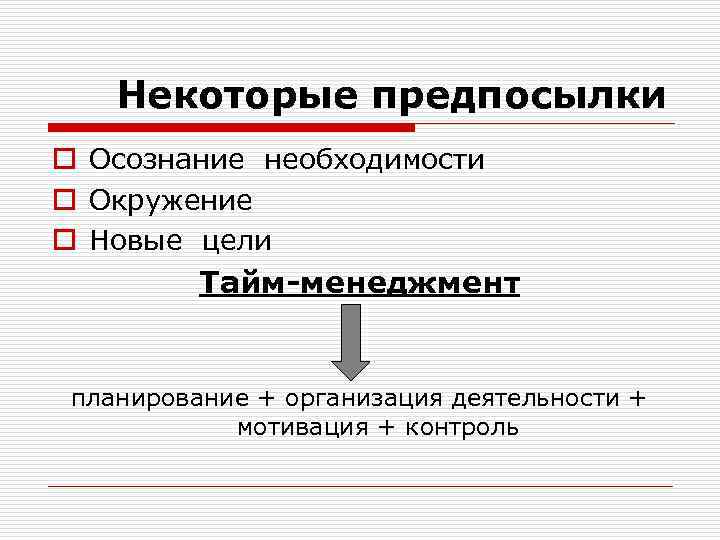 Некоторые предпосылки o Осознание необходимости o Окружение o Новые цели Тайм-менеджмент планирование + организация