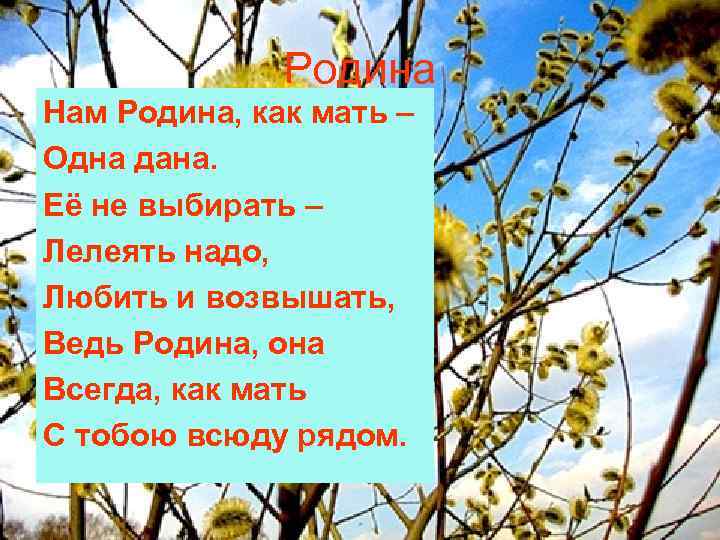 Родина Нам Родина, как мать – Одна дана. Её не выбирать – Лелеять надо,