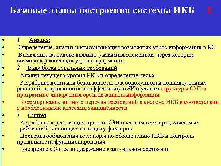 Базовые этапы построения системы ИКБ • • • 1 1 Анализ: Определение, анализ и