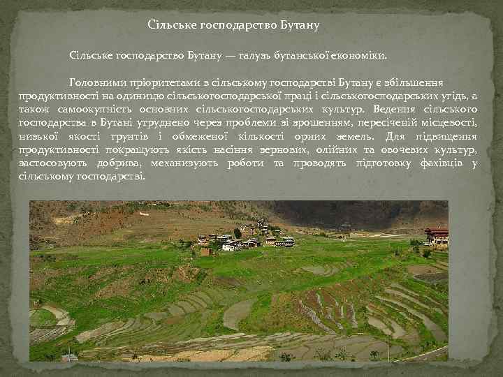 Сільське господарство Бутану — галузь бутанської економіки. Головними пріоритетами в сільському господарстві Бутану є