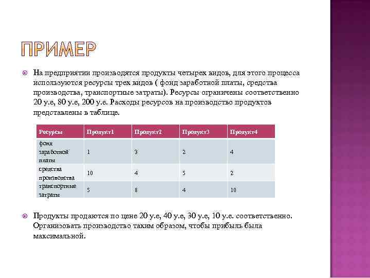  На предприятии производятся продукты четырех видов, для этого процесса используются ресурсы трех видов