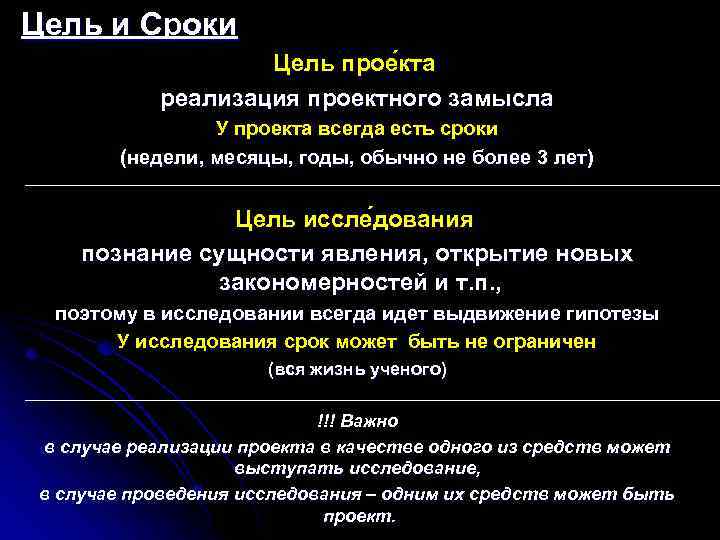 Цель и Сроки Цель прое кта реализация проектного замысла У проекта всегда есть сроки