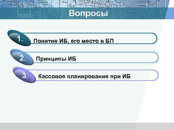 Вопросы 1. 2. 3. Понятие ИБ, его место в БП Принципы ИБ Кассовое планирование