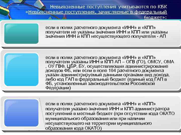 Невыясненные поступления учитываются по КБК «Невыясненные поступления, зачисляемые в федеральный бюджет» : если в