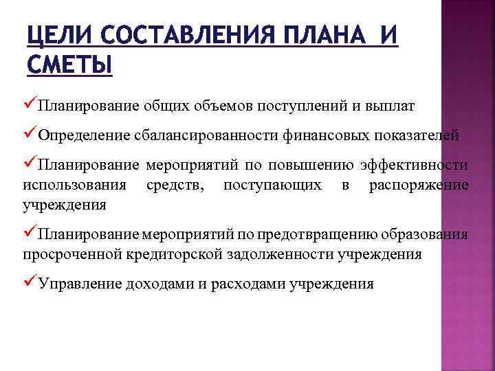ЦЕЛИ СОСТАВЛЕНИЯ ПЛАНА И СМЕТЫ Планирование общих объемов поступлений и выплат Определение сбалансированности финансовых