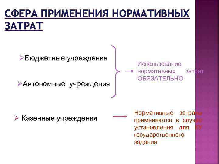 СФЕРА ПРИМЕНЕНИЯ НОРМАТИВНЫХ ЗАТРАТ ØБюджетные учреждения ØАвтономные учреждения Ø Казенные учреждения Использование нормативных затрат