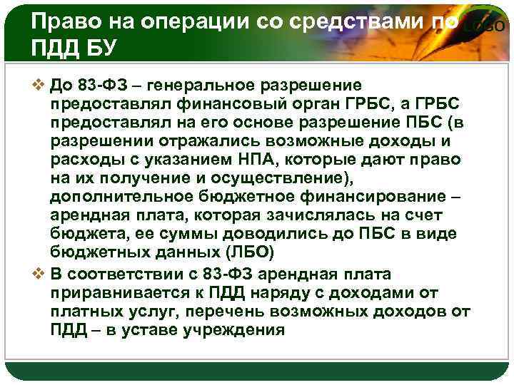 Право на операции со средствами по LOGO ПДД БУ v До 83 -ФЗ –