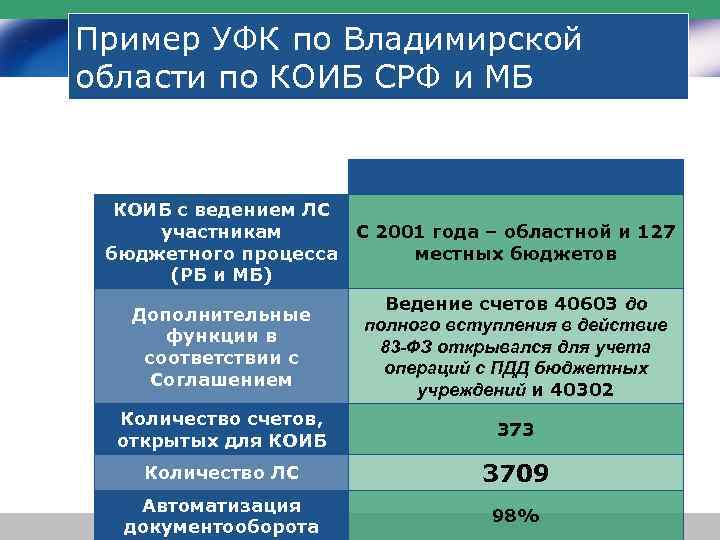 Пример УФК по Владимирской области по КОИБ СРФ и МБ КОИБ с ведением ЛС