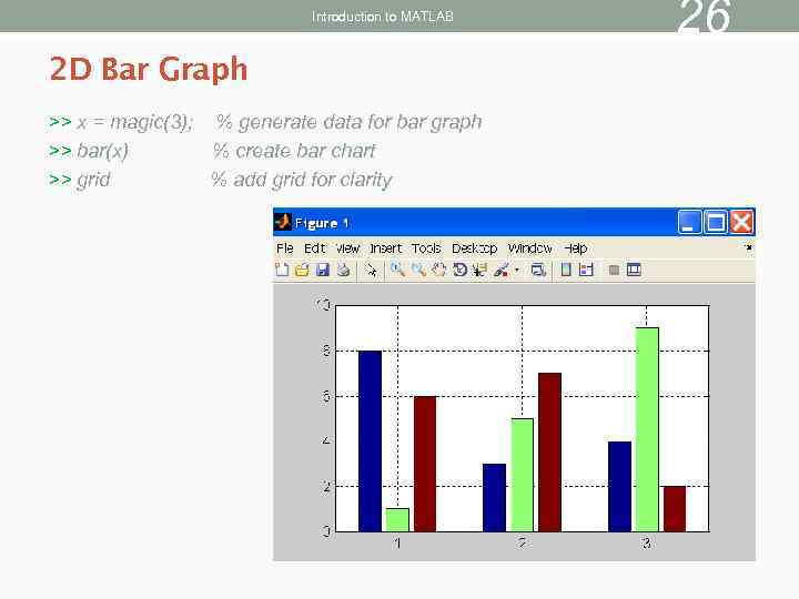 Introduction to MATLAB 2 D Bar Graph >> x = magic(3); % generate data