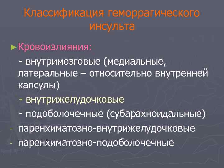 Классификация геморрагического инсульта ► Кровоизлияния: - внутримозговые (медиальные, латеральные – относительно внутренней капсулы) -