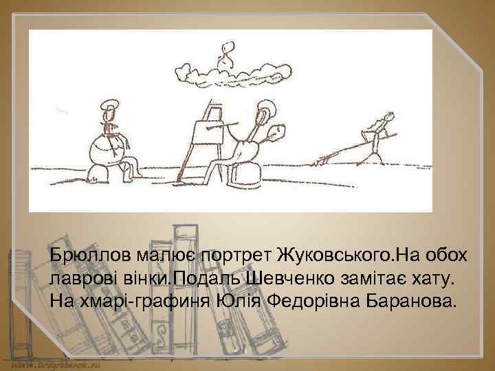 Брюллов малює портрет Жуковського. На обох лаврові вінки. Подаль Шевченко замітає хату. На хмарі