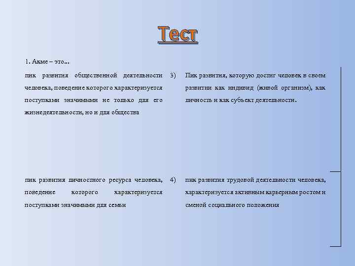 Тест 1. Акме – это. . . пик развития общественной деятельности 3) Пик развития,
