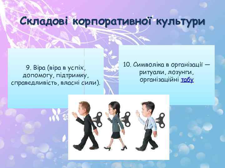 Складові корпоративної культури 9. Віра (віра в успіх, допомогу, підтримку, справедливість, власні сили). 10.