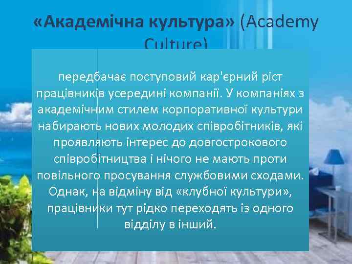 «Академічна культура» (Academy Culture) передбачає поступовий кар'єрний ріст працівників усередині компанії. У компаніях