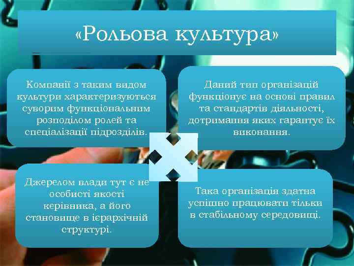  «Рольова культура» Компанії з таким видом культури характеризуються суворим функціональним розподілом ролей та