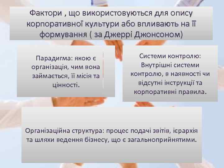 Фактори , що використовуються для опису корпоративної культури або впливають на її формування (