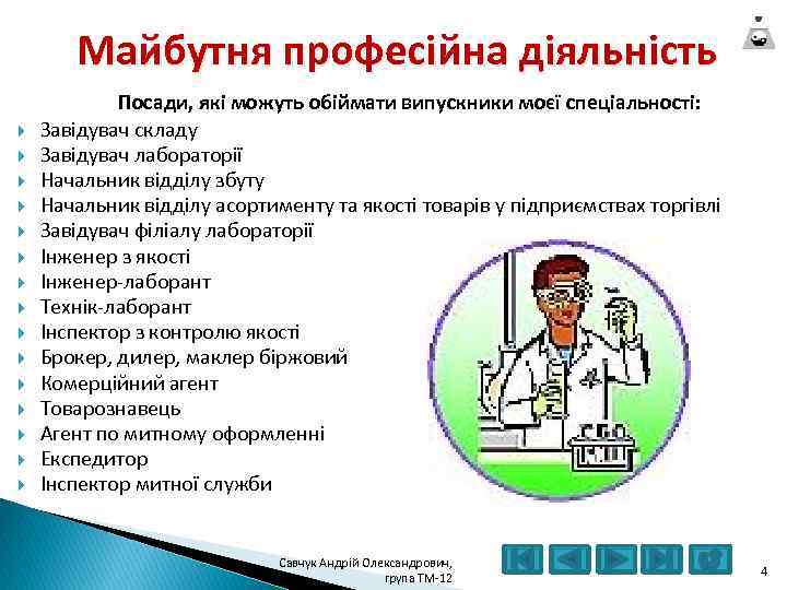 Майбутня професійна діяльність Посади, які можуть обіймати випускники моєї спеціальності: Завідувач складу Завідувач лабораторії
