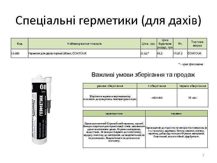 Спеціальні герметики (для дахів) Код 12 -290 Ціна, грн. Будгерм роздр, грн Найменування товарів