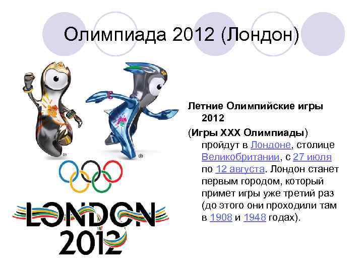 Олимпиада 2012 (Лондон) Летние Олимпийские игры 2012 (Игры XXX Олимпиады) пройдут в Лондоне, столице